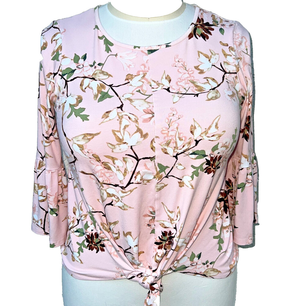 New Directions Blouse Top Womens L Pink Tan Floral 3/4 Bell Sleeve Tie Front